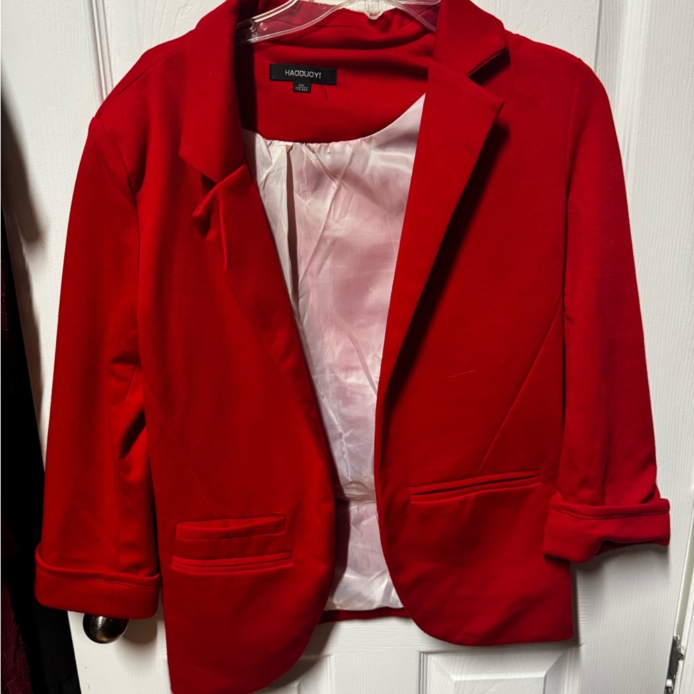 HAODUOYI Bright Red Women's Tailored Blazer